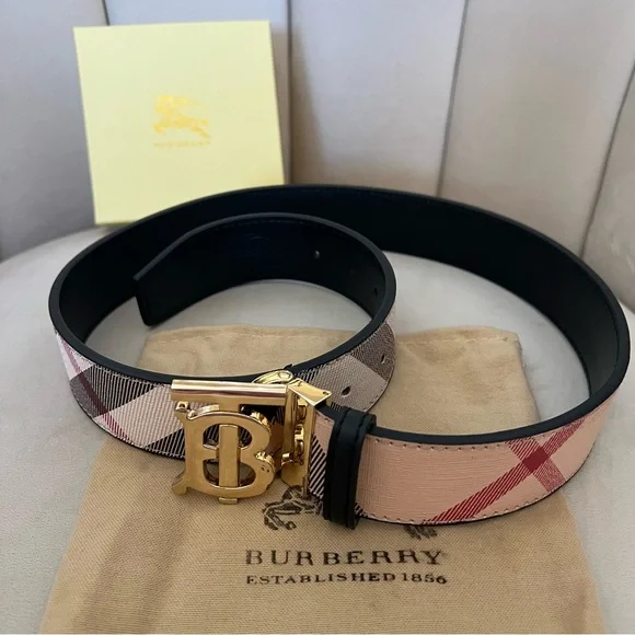 Burberry Monogram Check TB Logo Gold Buckle Plaid Belt Beige Gold Luxe Holiday - Picture 4 of 17